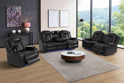 Modern living room with black recliner chairs and a large window view.