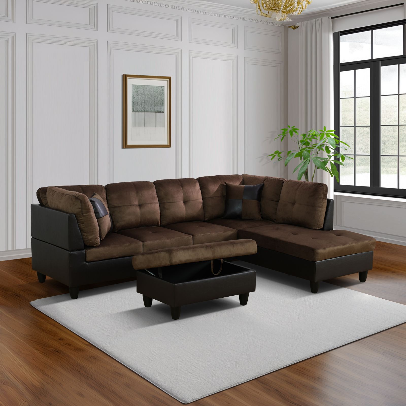Brown sectional sofa in a living room with white walls and a window.