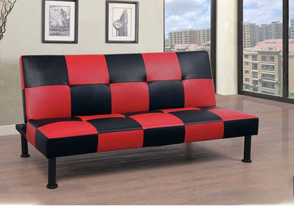 Red and black checkered futon sofa in a room with large windows.