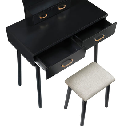 Side profile of the Camilla Collection vanity set highlighting the sleek lines, LED-lit mirror, and upholstered stool – available at Paty Furniture in Tacoma, Kent, and Burien.

