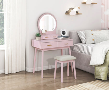 Camilla Collection vanity set in pink finish offering a stylish design with an LED-lit mirror, gold-tone hardware, and a coordinating upholstered stool – available at Paty Furniture in Tacoma, Kent, and Burien.

