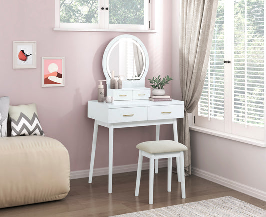 Camilla Collection vanity set in white finish showcasing a sleek design with gold-tone hardware and a coordinating upholstered stool – available at Paty Furniture in Tacoma, Kent, and Burien.