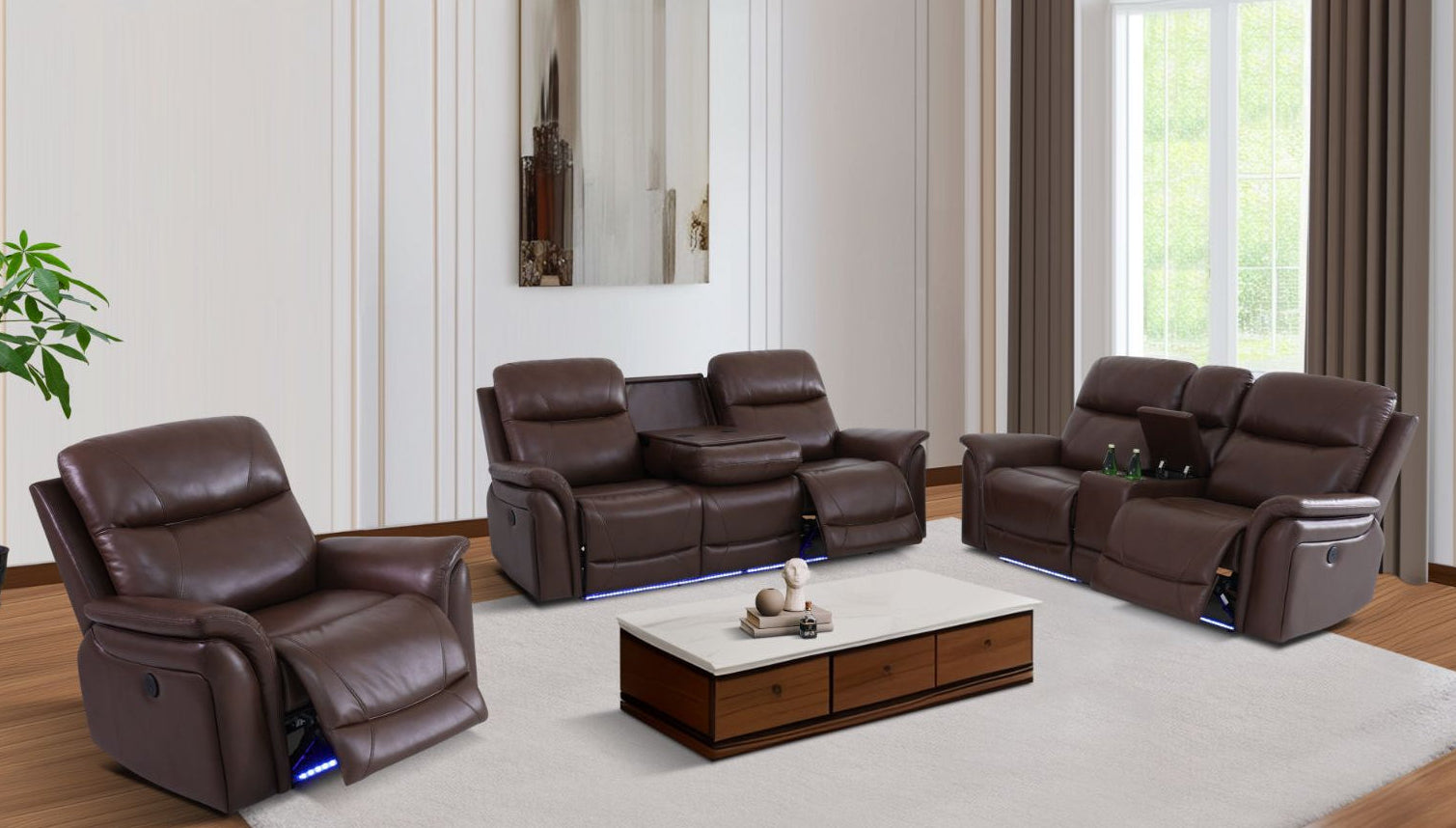 Brown leather recliner sofa set in a living room with a coffee table and decor.