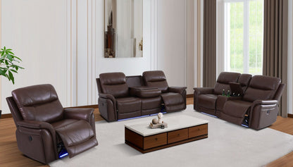 Brown leather recliner sofa set in a living room with a coffee table and decor.