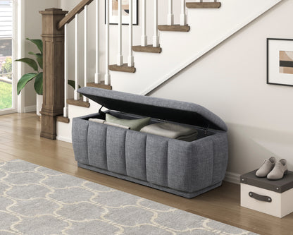 Maize Collection storage bench in gray textured fabric with a foam-cushioned seat and spacious interior compartment – available at Paty Furniture in Tacoma, Kent, and Burien.