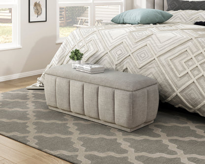 Maize Collection storage bench in taupe textured fabric featuring a sturdy plywood frame and ample storage space – available at Paty Furniture in Tacoma, Kent, and Burien.