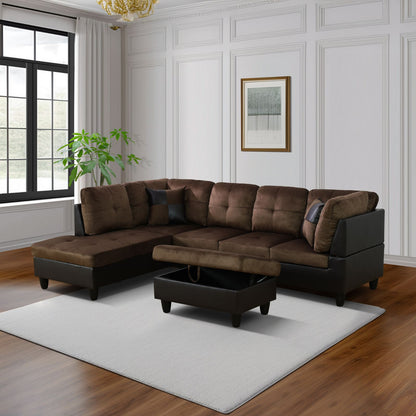 Brown sectional sofa in a living room with a white wall and window.