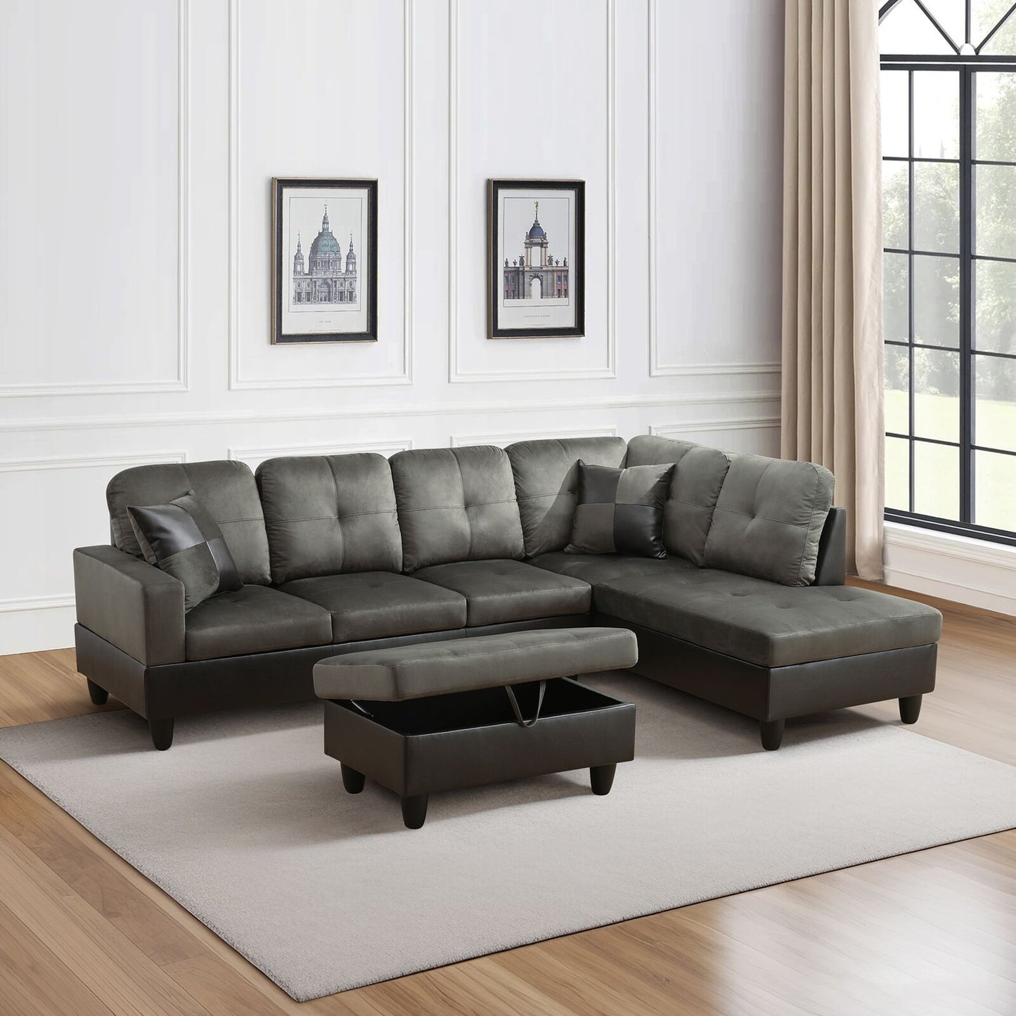 Gray sectional sofa with ottoman in a living room setting.