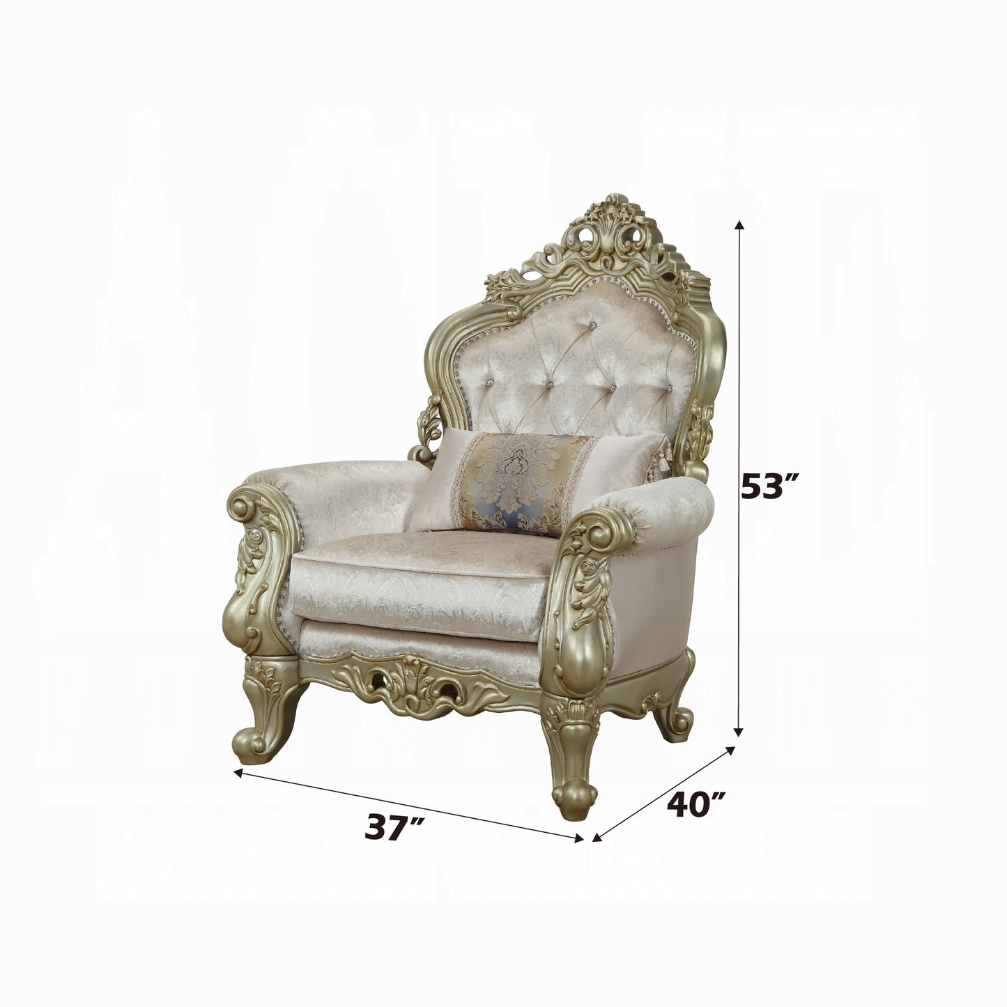 Decorative armchair with ornate details and dimensions on a white background
