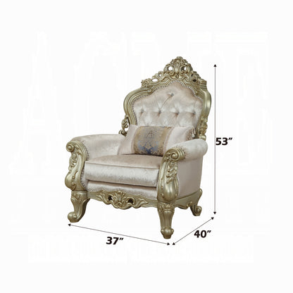 Decorative armchair with ornate details and dimensions on a white background
