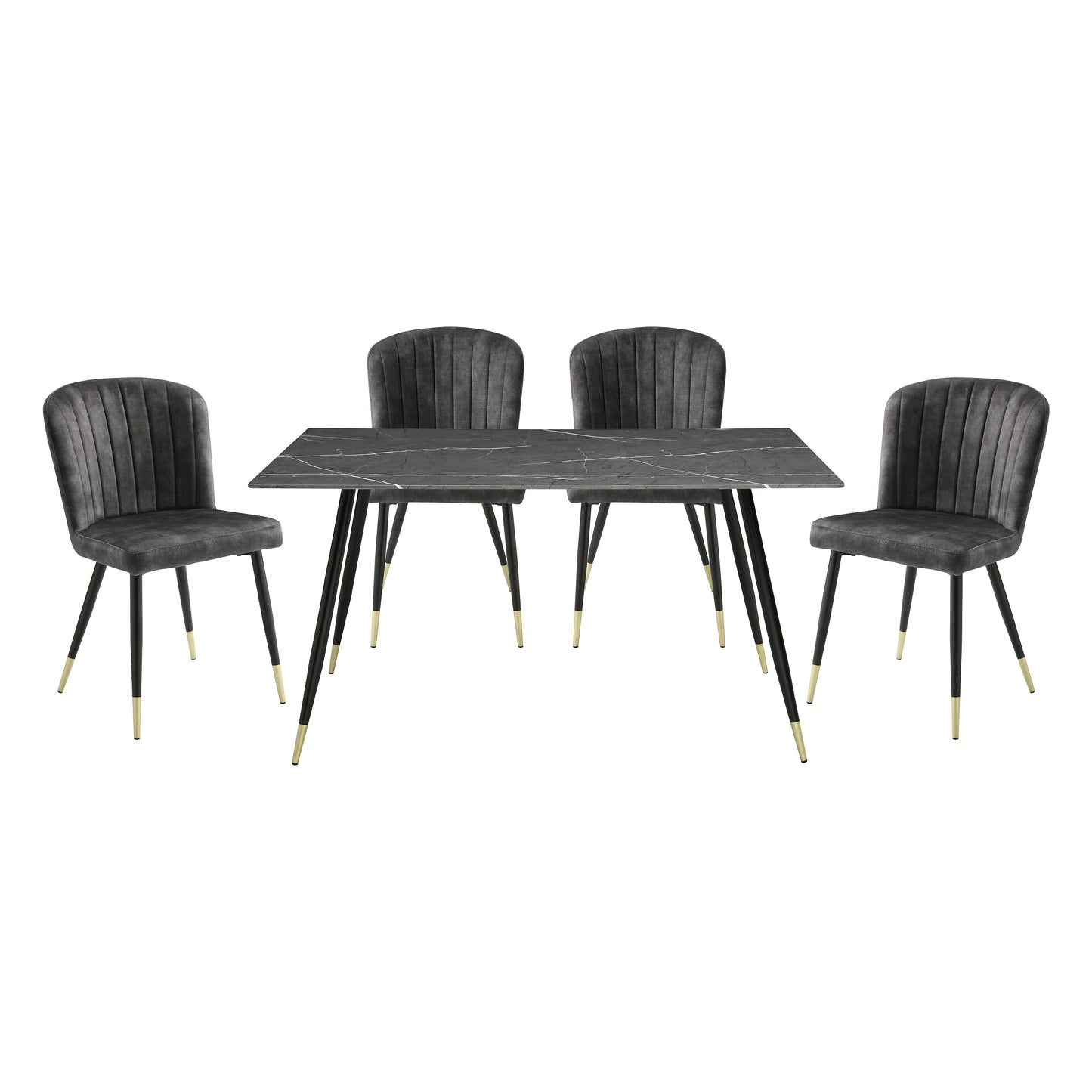 Angled perspective of the Clemente Collection dining set highlighting the modern design, marble-print tabletop, and elegant chair detailing – available at Paty Furniture in Tacoma, Kent, and Burien.