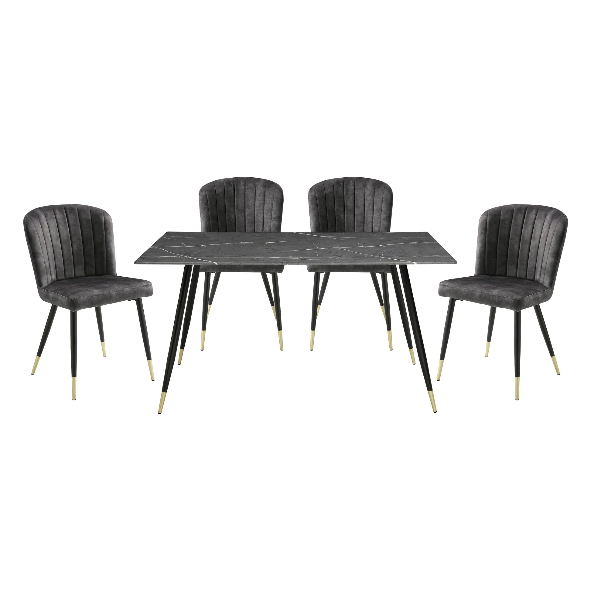 Angled perspective of the Clemente Collection dining set highlighting the modern design, marble-print tabletop, and elegant chair detailing – available at Paty Furniture in Tacoma, Kent, and Burien.