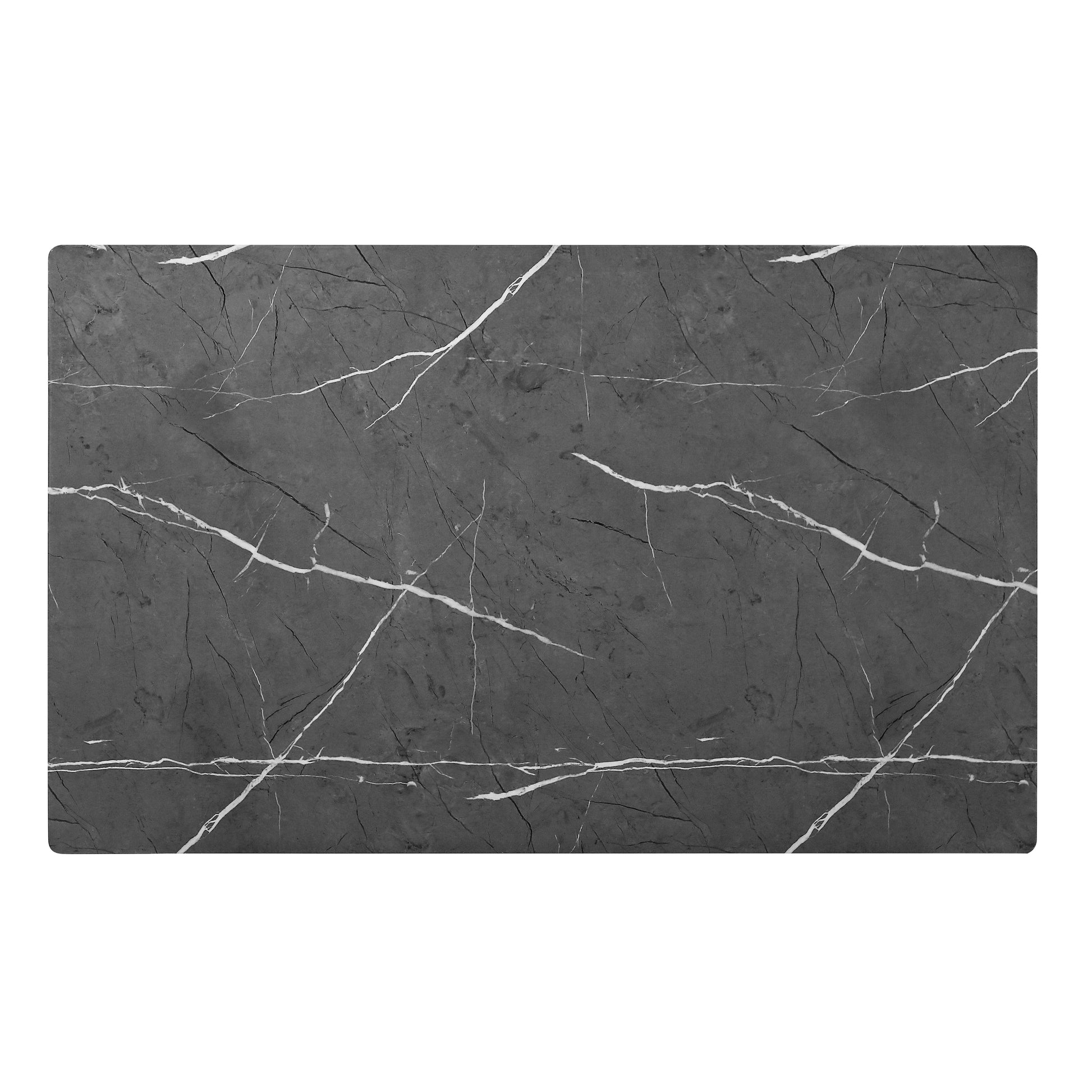 Top-down view of the Clemente Collection dining table showcasing its gray marble-print tempered glass surface with elegant veining and a smooth, easy-to-clean finish – available at Paty Furniture in Tacoma, Kent, and Burien.