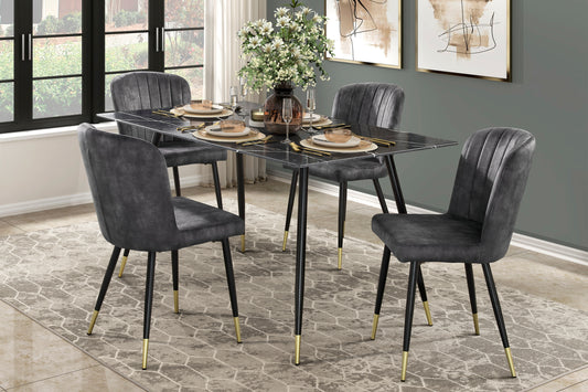 Clemente Collection 5-piece dining set featuring a gray marble-print tempered glass table with black metal legs and gold-finished accents, paired with four charcoal velvet chairs with channel tufting – available at Paty Furniture in Tacoma, Kent, and Burien.