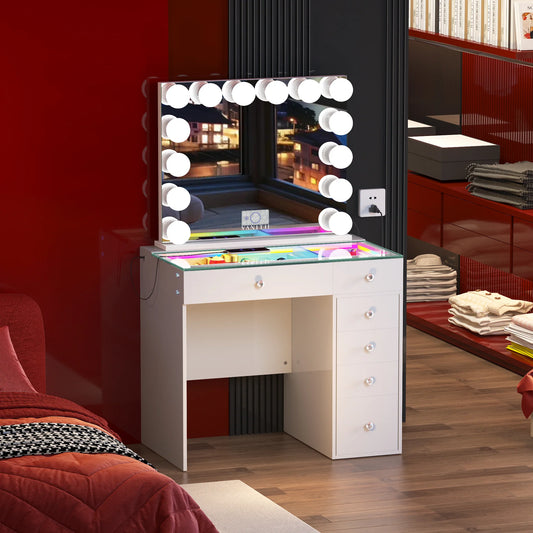 White vanity table with mirror and lights in a room with red walls and furniture.