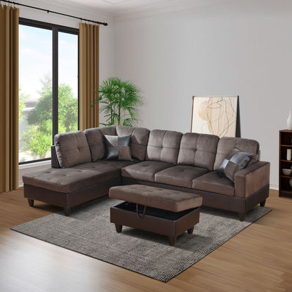 Brown sectional sofa with ottoman in a living room setting