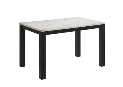 Contemporary rectangular dining table from the Resia Collection showcasing a sophisticated faux-marble top and sturdy black frame.