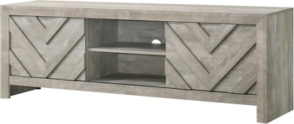 Detailed view of the Valor TV Stand's chevron-patterned cabinet doors, highlighting the intricate design and washed wood finish.

