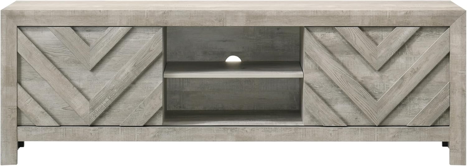 Valor TV Stand styled in a contemporary living room setting, emphasizing its rustic elegance and functional storage capabilities.


