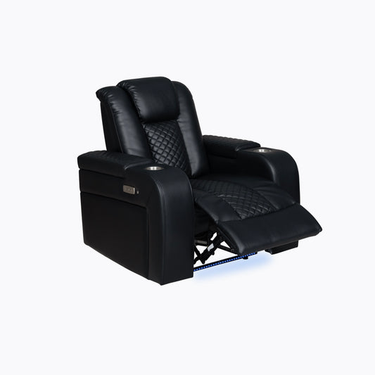 Delangelo power recliner chair in black leather-gel with LED lighting