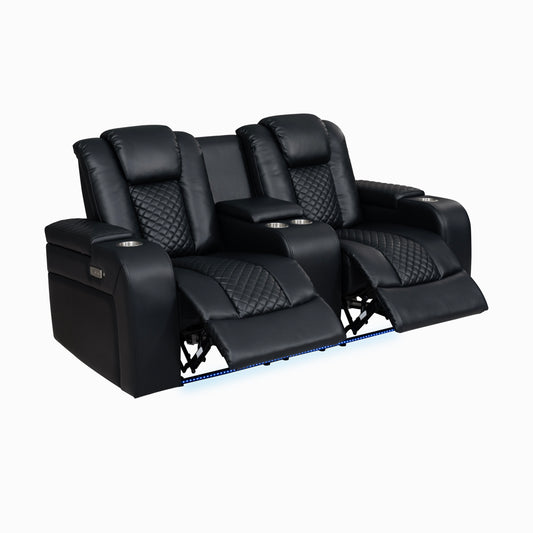 Delangelo power reclining loveseat in black leather-gel with LED lighting