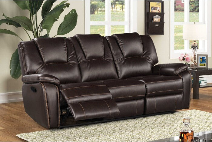 Brown leather sofa in a living room setting with a plant and window in the background.