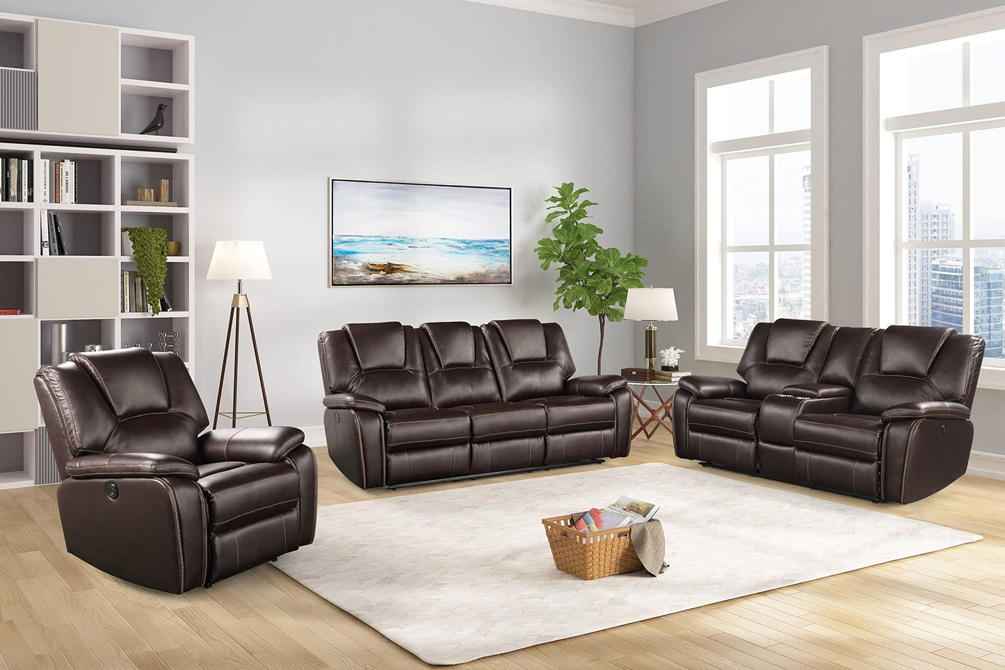 Brown leather reclining sofa  Love Seat and Chair set in a living room with a rug and decor.