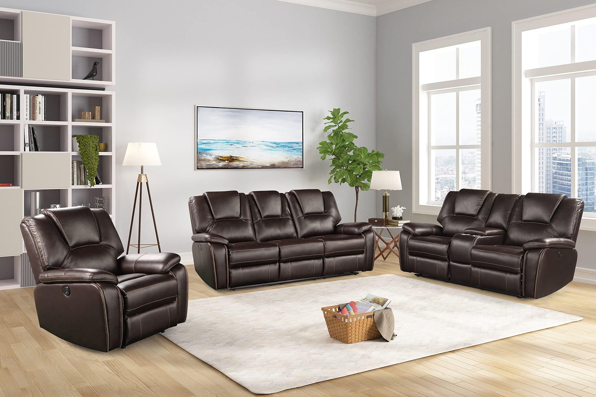 Brown leather reclining sofa  Love Seat and Chair set in a living room with a rug and decor.