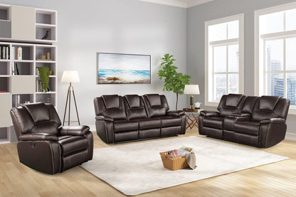 Brown leather reclining sofa  Love Seat and Chair set in a living room with a rug and decor.