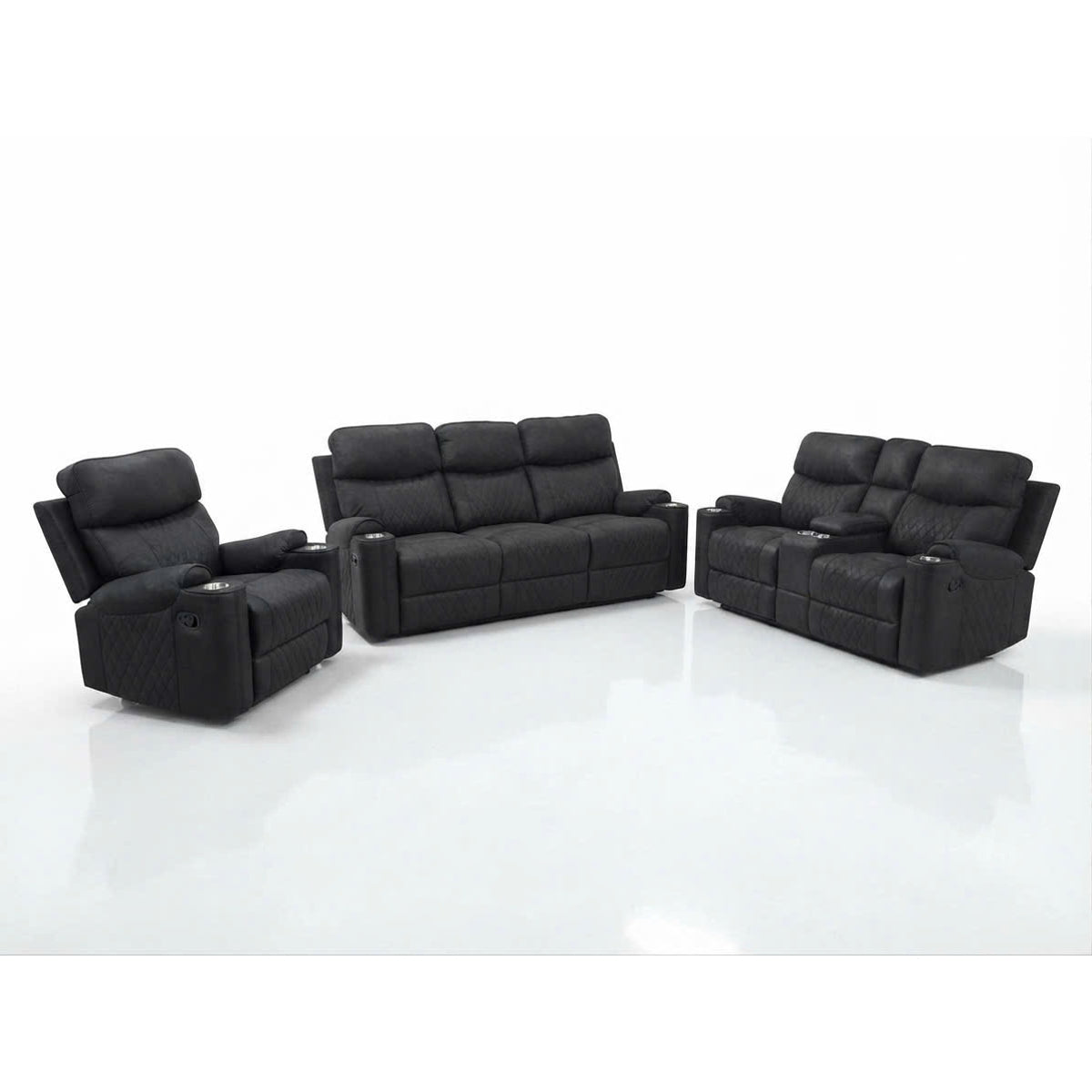 Noir three-piece black reclining living room set with sofa, loveseat, and rocker recliner