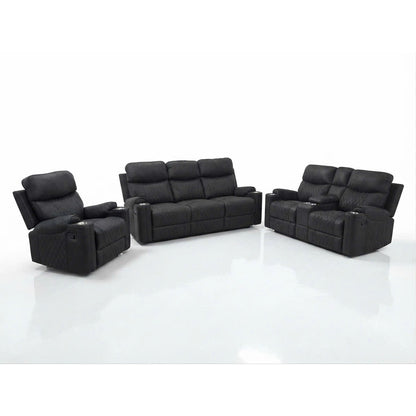 Noir three-piece black reclining living room set with sofa, loveseat, and rocker recliner