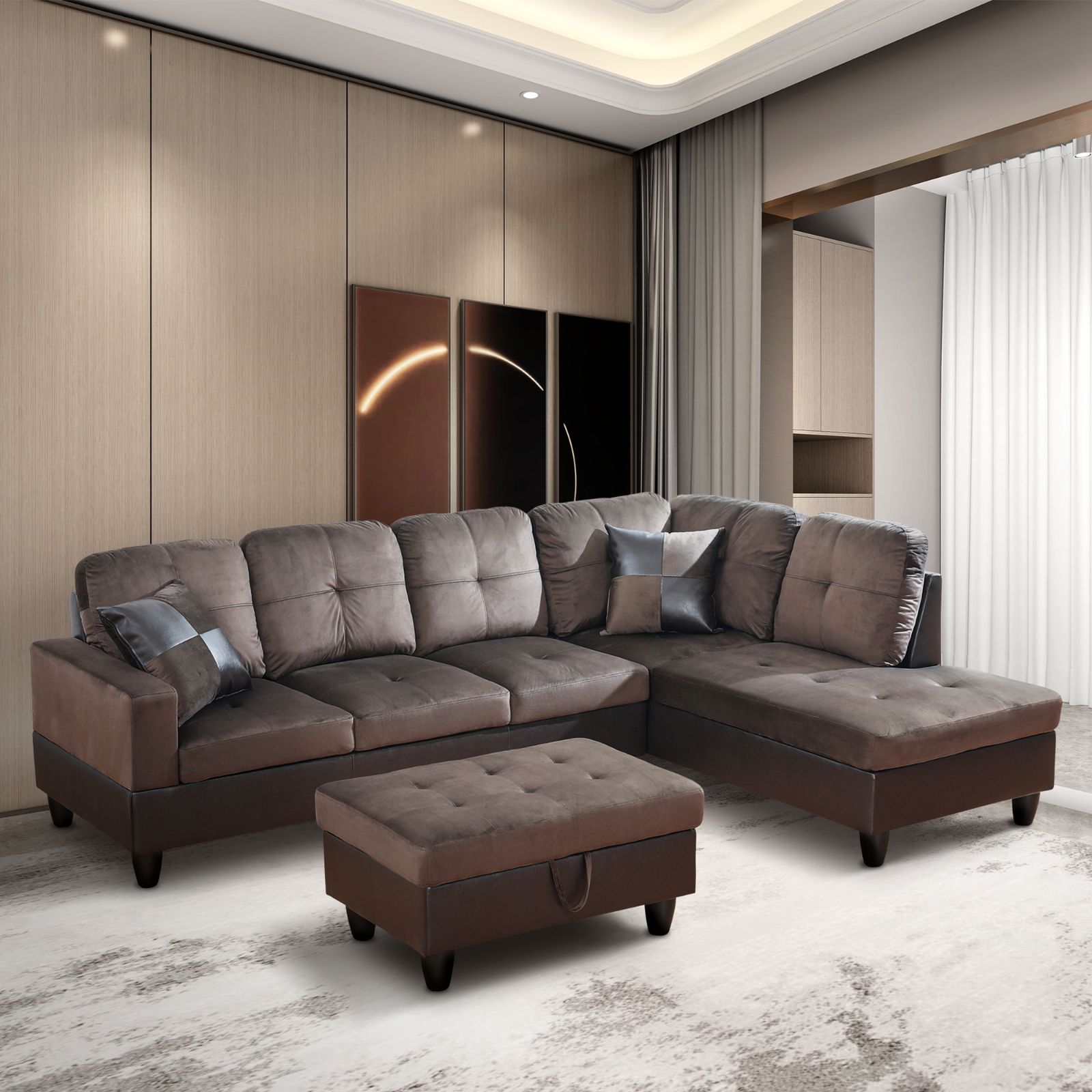 Brown sectional sofa with ottoman in a modern living room setting
