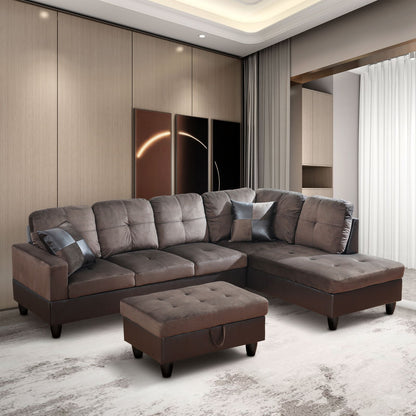 Brown sectional sofa with ottoman in a modern living room setting
