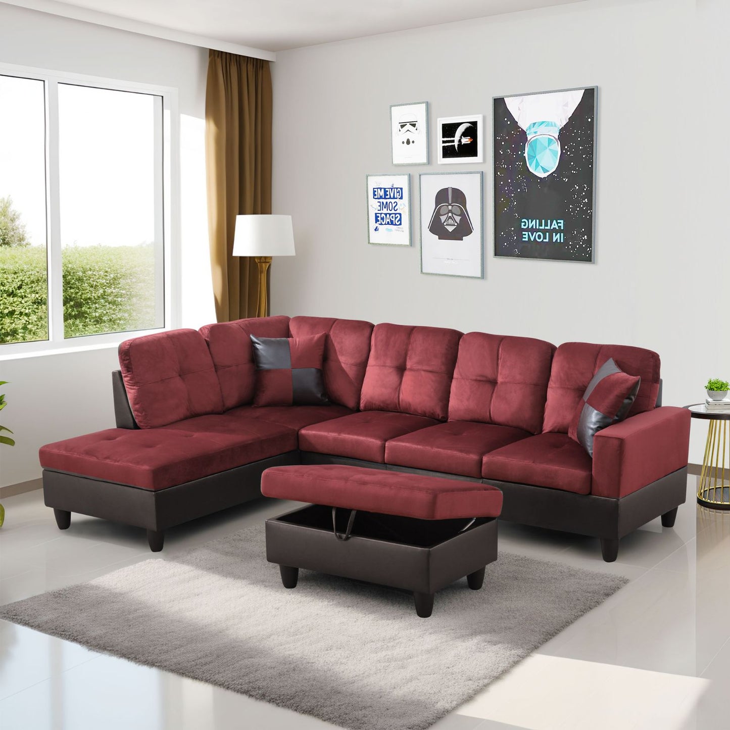 Red sectional sofa with ottoman in a living room setting