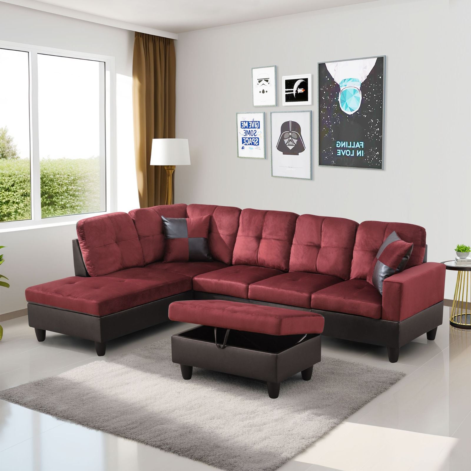 Red sectional sofa with ottoman in a living room setting