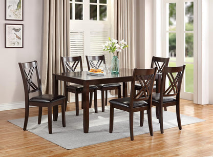 Eloise Collection dining set featuring a 60-inch rectangular table in rich espresso finish, paired with four cross-back chairs upholstered in plush faux leather for contemporary comfort.