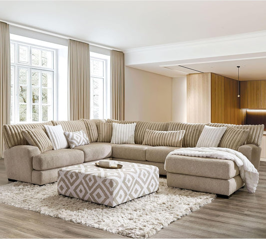 Loughton Collection sectional sofa in light brown chenille upholstery showcasing ultra-soft back cushions with channel tufting, padded arms, T-seat cushions, and wooden legs – available at Paty Furniture in Tacoma, Kent, and Burien.