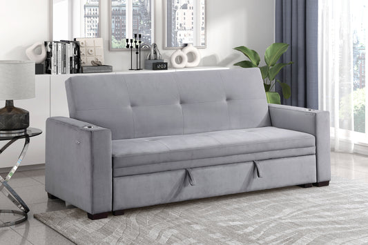 Grady Collection convertible sofa in gray velvet upholstery with tufted seatback, featuring built-in cupholders on each armrest – available at Paty Furniture in Tacoma, Kent, and Burien.