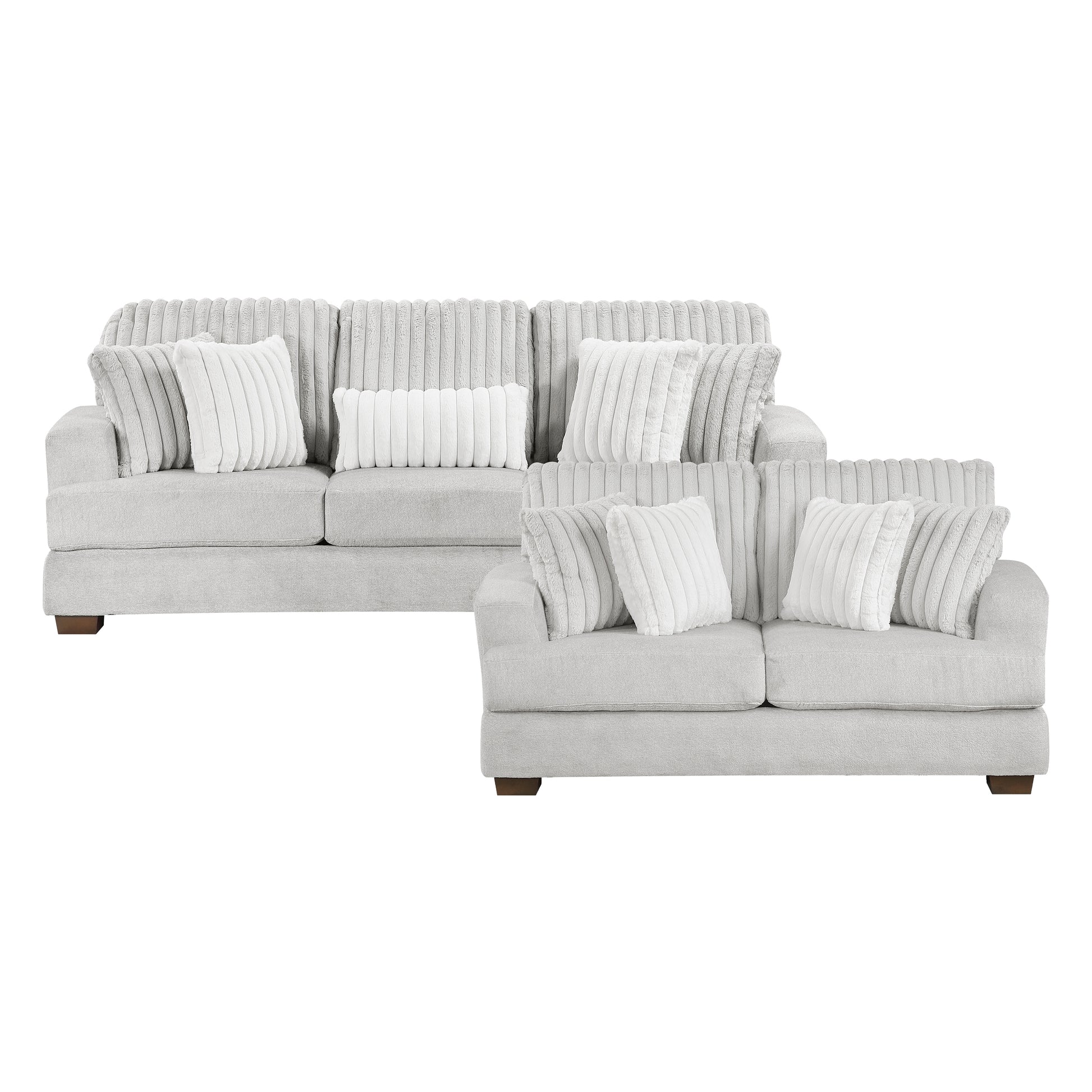 Detailed view of the Santiago Collection's channel-tufted backrest, highlighting the plush gray fabric and meticulous stitching – available at Paty Furniture in Tacoma, Kent, and Burien.
