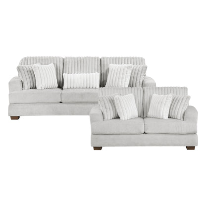 Detailed view of the Santiago Collection's channel-tufted backrest, highlighting the plush gray fabric and meticulous stitching – available at Paty Furniture in Tacoma, Kent, and Burien.