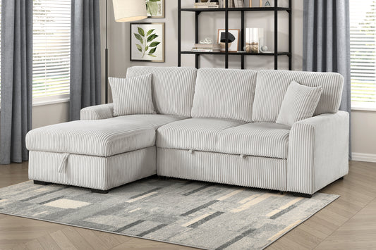 Marsh Collection sectional sofa in moonbeam-hued corduroy fabric featuring a reversible chaise, pull-out bed, and hidden storage compartment – available at Paty Furniture in Tacoma, Kent, and Burien.