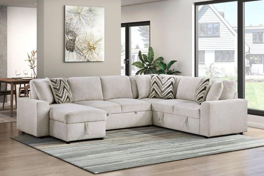 Myrtle Collection 3-piece sectional sofa in light beige fabric featuring a pull-out bed, hidden storage compartments in the chaise and ottoman, and six decorative pillows – available at Paty Furniture in Tacoma, Kent, and Burien.