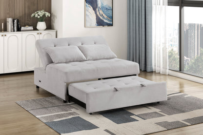 Desmond Collection loveseat transformed into a sleeper with the pull-out bed extended, demonstrating its space-saving functionality – available at Paty Furniture in Tacoma, Kent, and Burien.