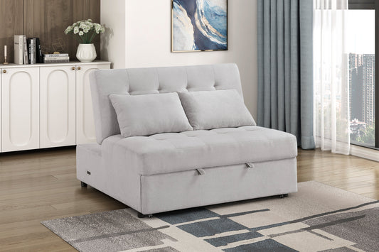 Desmond Collection convertible loveseat in neutral fabric with tufted cushions, showcasing its compact design and modern aesthetic – available at Paty Furniture in Tacoma, Kent, and Burien.