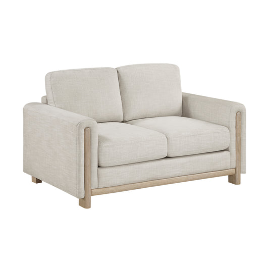 Echo loveseat in textured fabric with exposed natural-finished wood frame