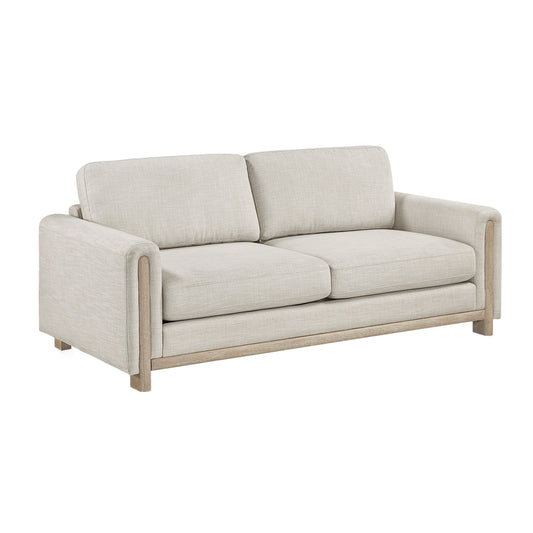 Echo sofa in textured fabric with exposed natural-finished wood frame