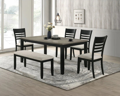 Folio Collection 6-piece dining set with rectangular wood grain table, four ladder-back chairs, and matching bench in a modern black frame with upholstered seats