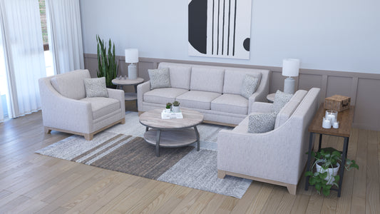 Modern living room with beige sofa, armchair, and coffee table.