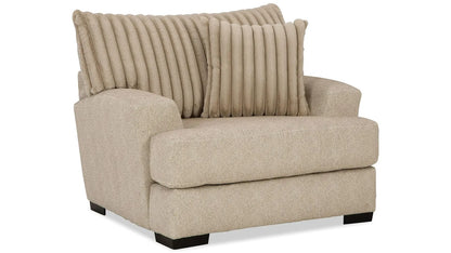 Loughlin Collection chair featuring plush channel-tufted backrest, padded arms, and wooden legs in light brown chenille upholstery – available at Paty Furniture in Tacoma, Kent, and Burien.