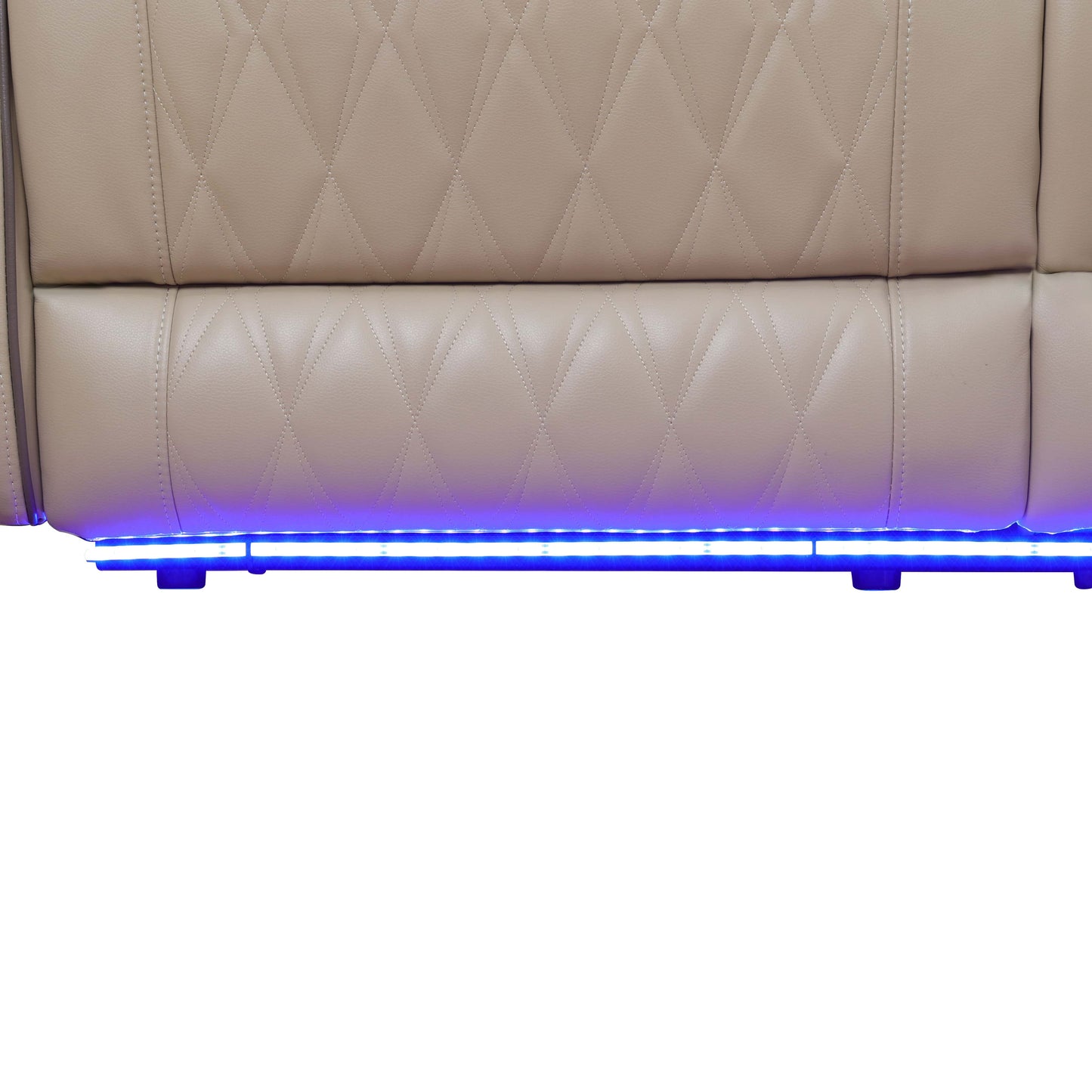 Beige sofa with a blue LED strip light on a white background